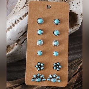 NEW Earrings, Vintage Silvery Look, Western, Faux Turquoise, 6 Sets of Earrings